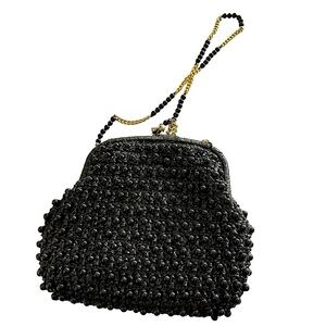Simon Vintage Black Beaded Raffia Clutch Handbag